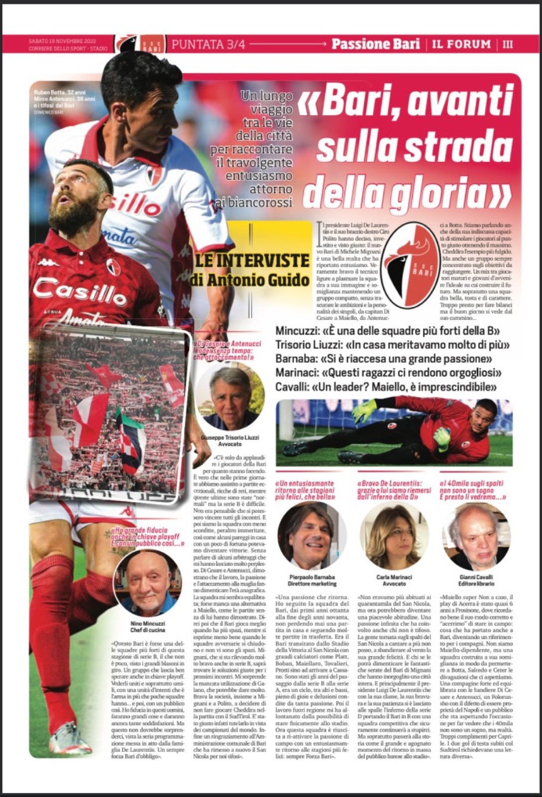 Pagina interna Corriere dello Sport · Stadio, 19 novembre 2022: «Bari, avanti sulla strada della gloria», Passione Bari Il Forum puntata 3/4