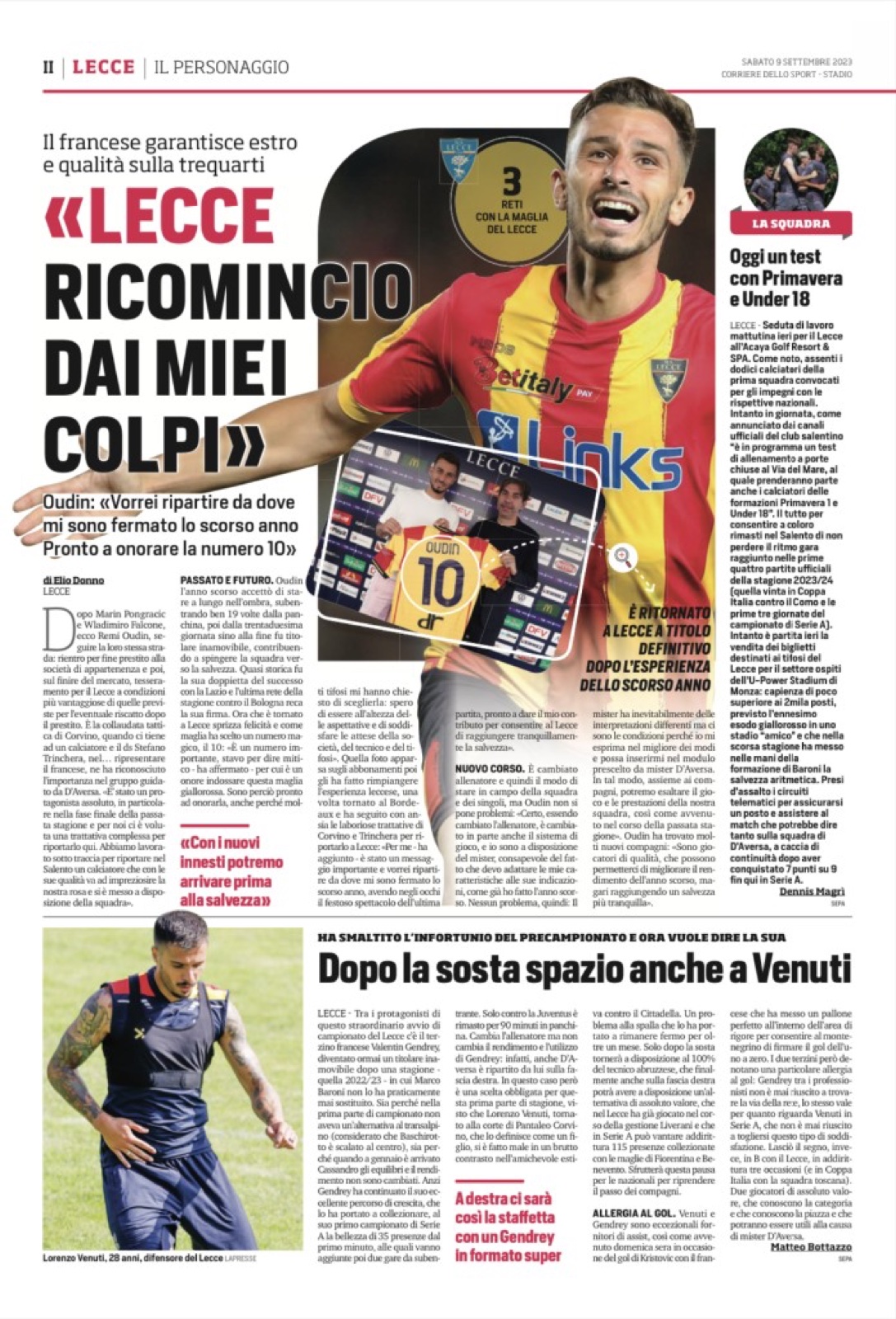 Pagina interna Corriere dello Sport · Stadio, 9 settembre 2023: intervista a Remi Oudin «Lecce, ricomincio dai miei colpi»