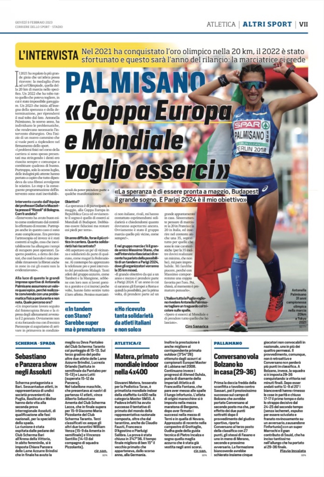 Pagina interna Corriere dello Sport · Stadio, 9 febbraio 2023: intervista ad Antonella Palmisano «Coppa Europa e Mondiale voglio esserci», sezione Atletica