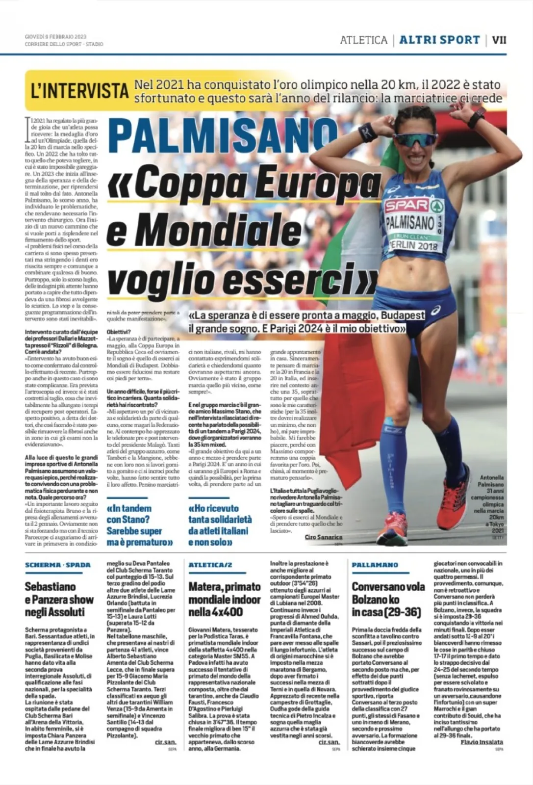 Pagina interna Corriere dello Sport · Stadio, 9 febbraio 2023: intervista ad Antonella Palmisano «Coppa Europa e Mondiale voglio esserci», sezione Atletica