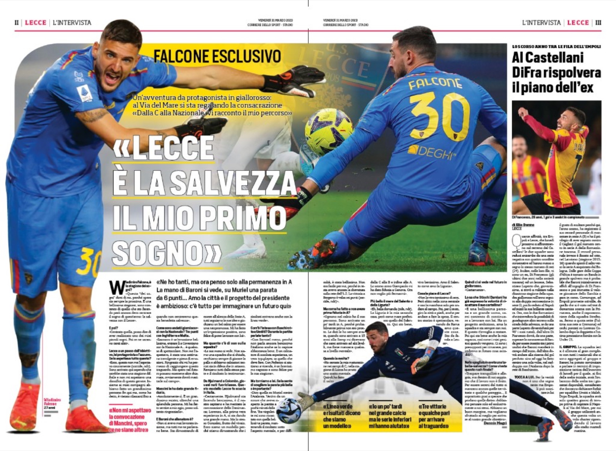 Doppia pagina Corriere dello Sport · Stadio, 31 marzo 2023: «Lecce è la salvezza, il mio primo sogno», intervista esclusiva al portiere Wladimiro Falcone