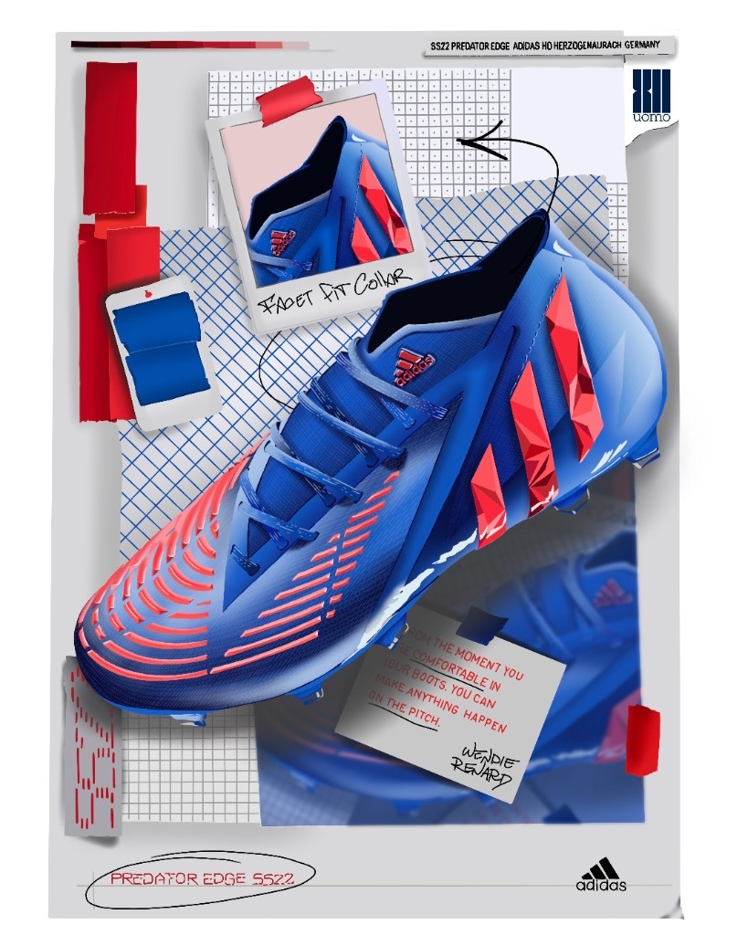 Concept mockup in stile collage del Adidas Predator Edge SS22 · scarpa da calcio blu e rossa con i dettagli del Facet Fit Collar, polaroid, nastri adesivi, citazione di Wendie Renard e sketch grafici accostati come in una pagina di sketchbook