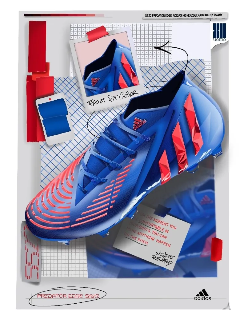 Concept mockup in stile collage del Adidas Predator Edge SS22 · scarpa da calcio blu e rossa con i dettagli del Facet Fit Collar, polaroid, nastri adesivi, citazione di Wendie Renard e sketch grafici accostati come in una pagina di sketchbook