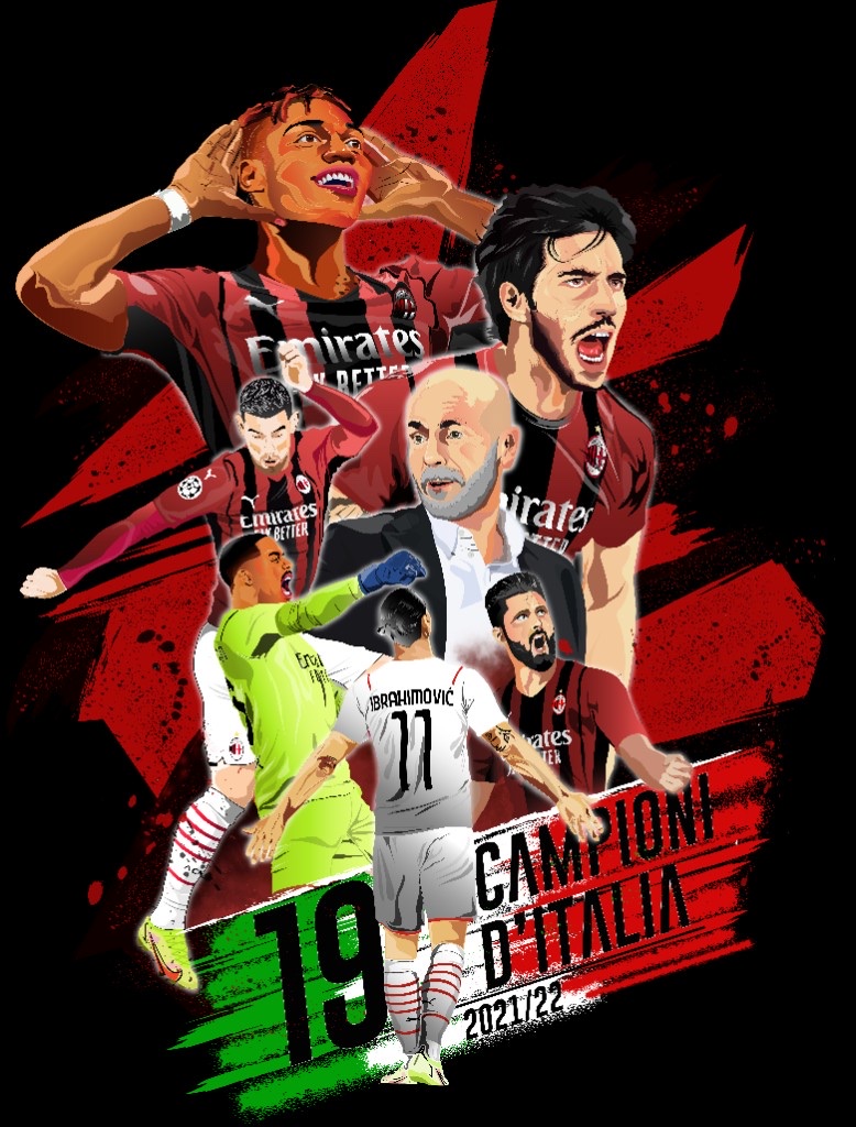 Collage celebrativo A.C. Milan 19° Scudetto 2021/22 · ritratti illustrati di Ibrahimović, Tonali, Maignan, Giroud, Pioli e altri giocatori della rosa su sfondo nero con riferimento al tricolore