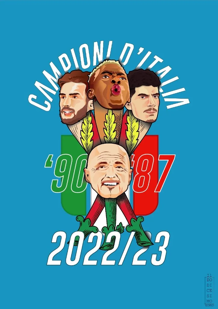 Grafica celebrativa S.S.C. Napoli Campioni d'Italia 2022/23 · ritratti illustrati di tre giocatori e dell'allenatore Spalletti su sfondo azzurro, riferimenti agli scudetti del 1990 e 1987