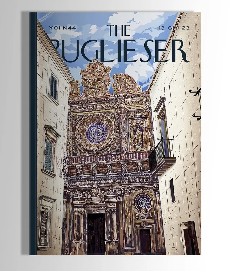 Mockup di copertina della rivista The Puglieser numero Y01 N44 · illustrazione della facciata barocca della Basilica di Santa Croce a Lecce con cielo nuvoloso, vista dal vicolo