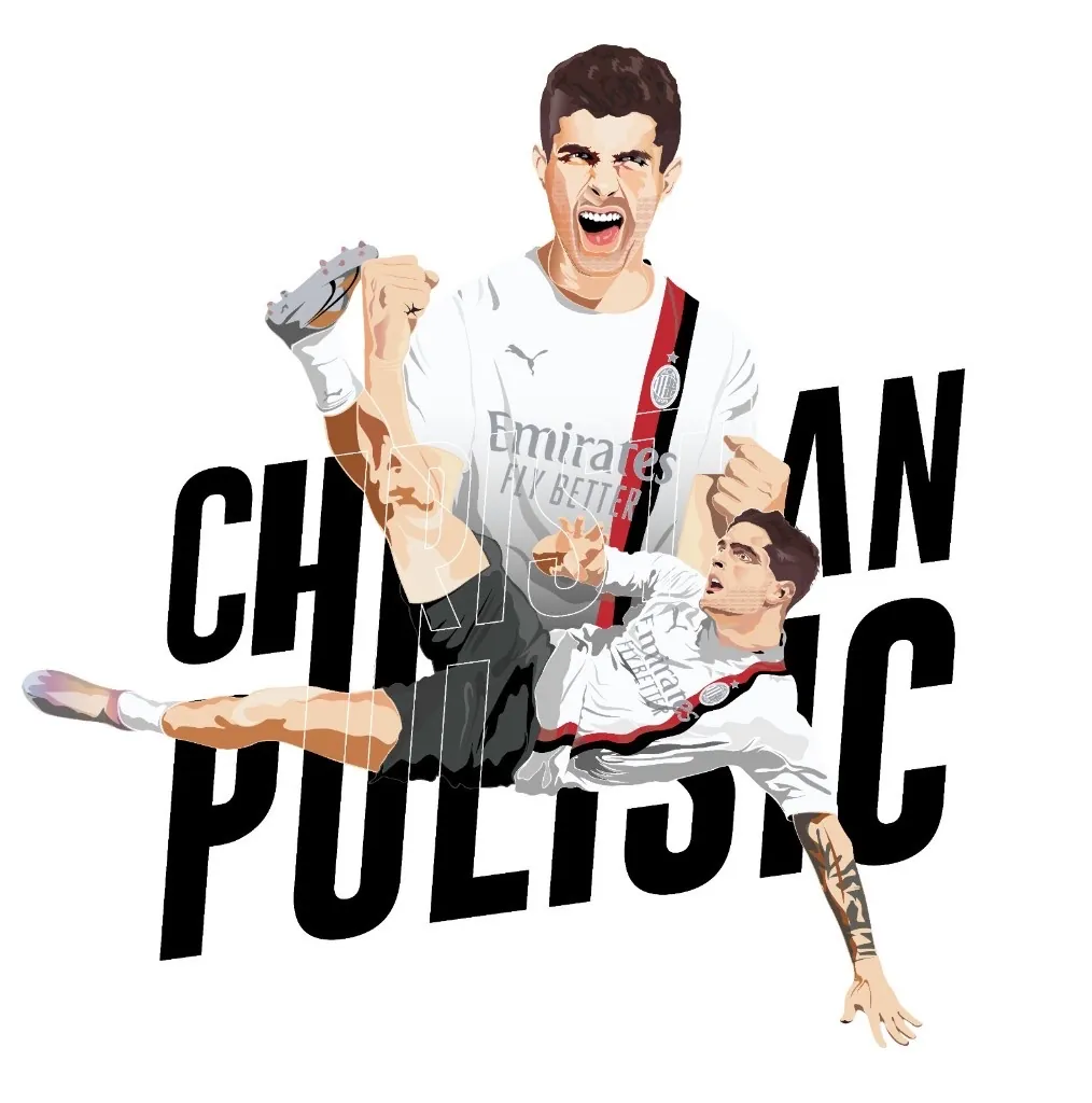 Illustrazione vettoriale di Christian Pulisic con maglia bianca dell'A.C. Milan in esultanza con la scarpa in mano, su tipografia nera «CHRISTIAN PULISIC» sovrastante
