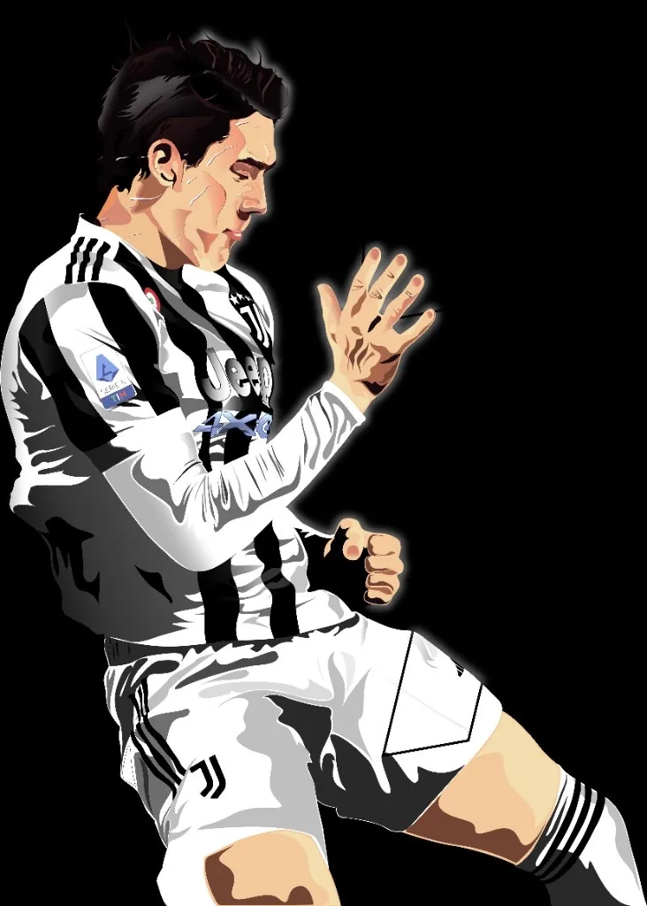 Illustrazione vettoriale di Dušan Vlahović, attaccante della Juventus F.C., con maglia a strisce bianconere in azione di gioco su sfondo nero