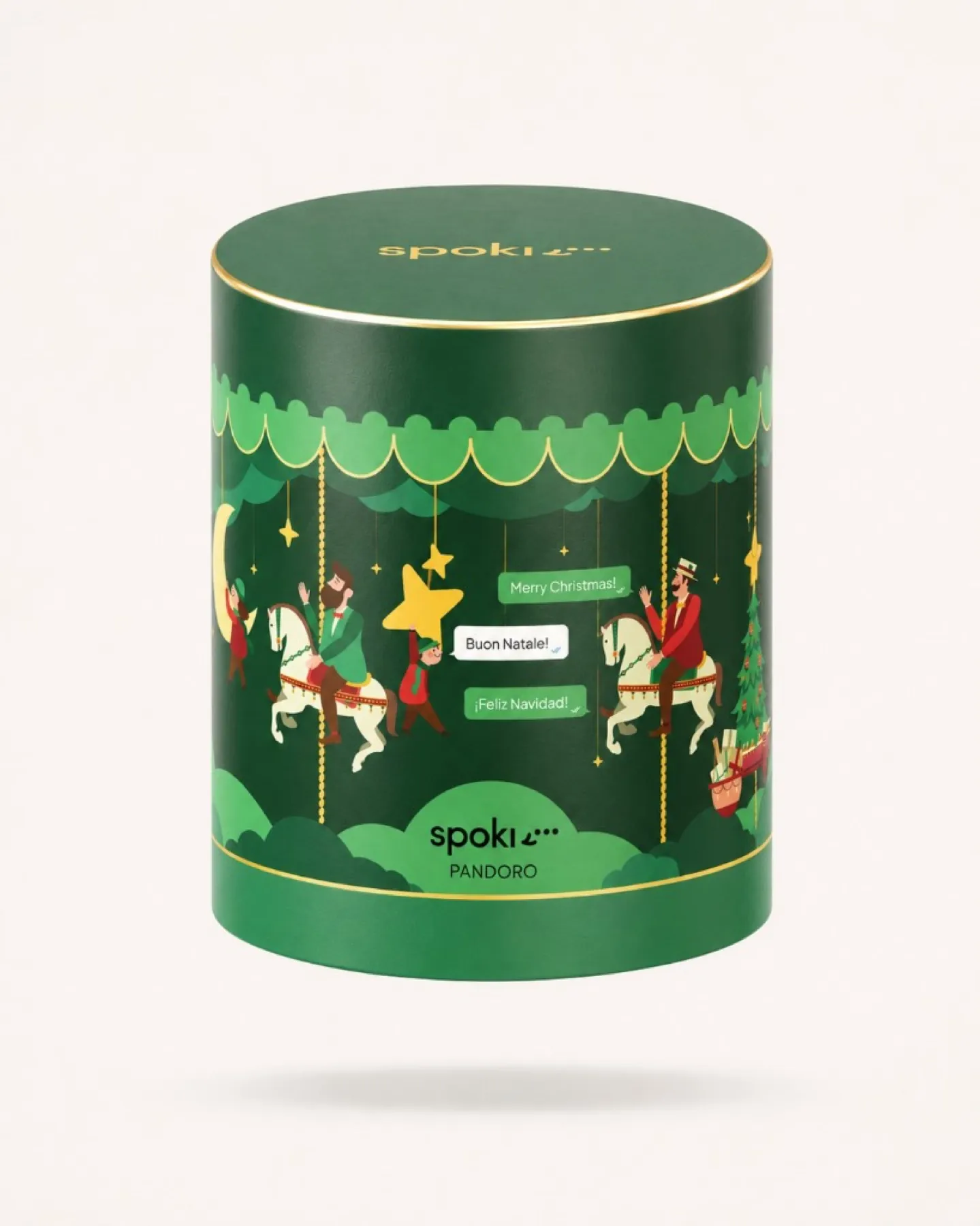 Mockup 3D del pandorino Spoki · confezione cilindrica con illustrazione del carosello