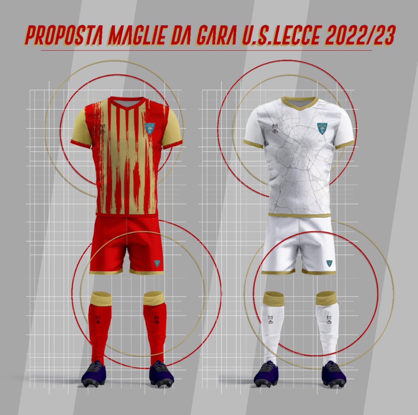 Proposta concept maglie da gara U.S. Lecce 2022/23: kit home a strisce verticali gialloblù e kit away bianco con stampa della mappa cittadina di Lecce, con calze e pantaloncini coordinati