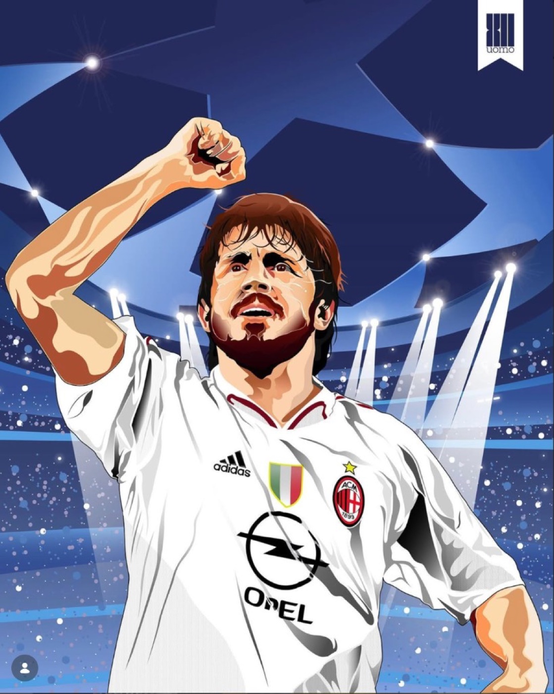 Illustrazione vettoriale di Gennaro Gattuso con maglia del Milan, sfondo con stelle Champions League e luci dello stadio