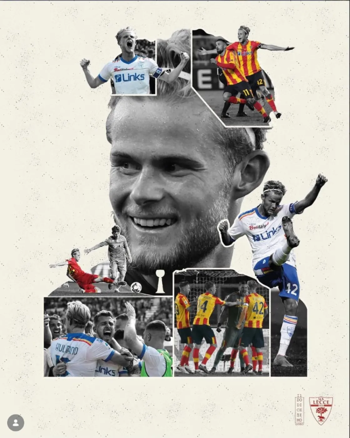 Collage editoriale di Morten Hjulmand, centrocampista del Lecce: ritratto in bianco e nero e azioni di gioco a colori con la maglia bianca da trasferta