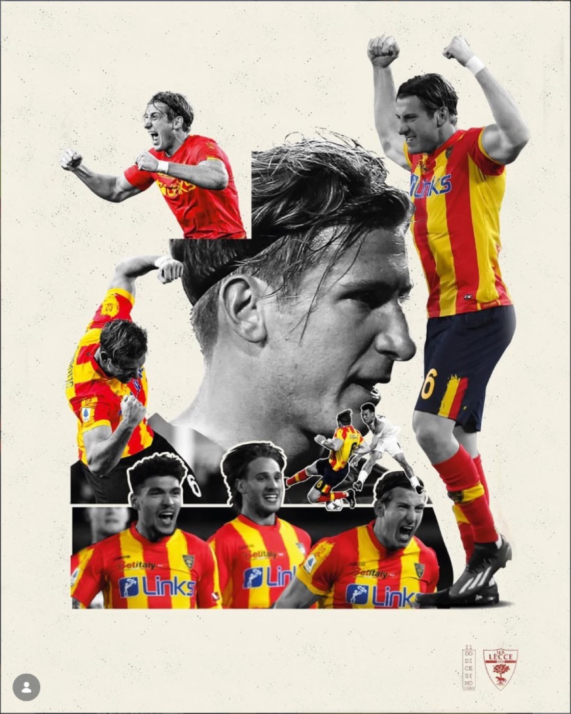 Collage editoriale di un centrocampista del Lecce con maglia gialloblù: ritratto in bianco e nero e azioni di gioco a colori