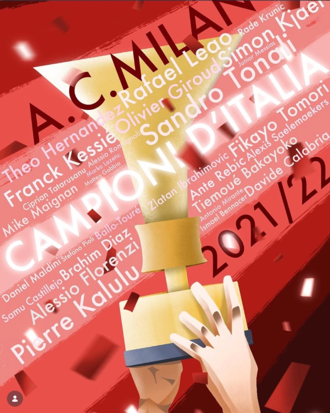 Poster tipografico A.C. Milan Campioni d'Italia 2021/22: nomi della rosa che compongono la sagoma della coppa scudetto su sfondo rosso e bianco