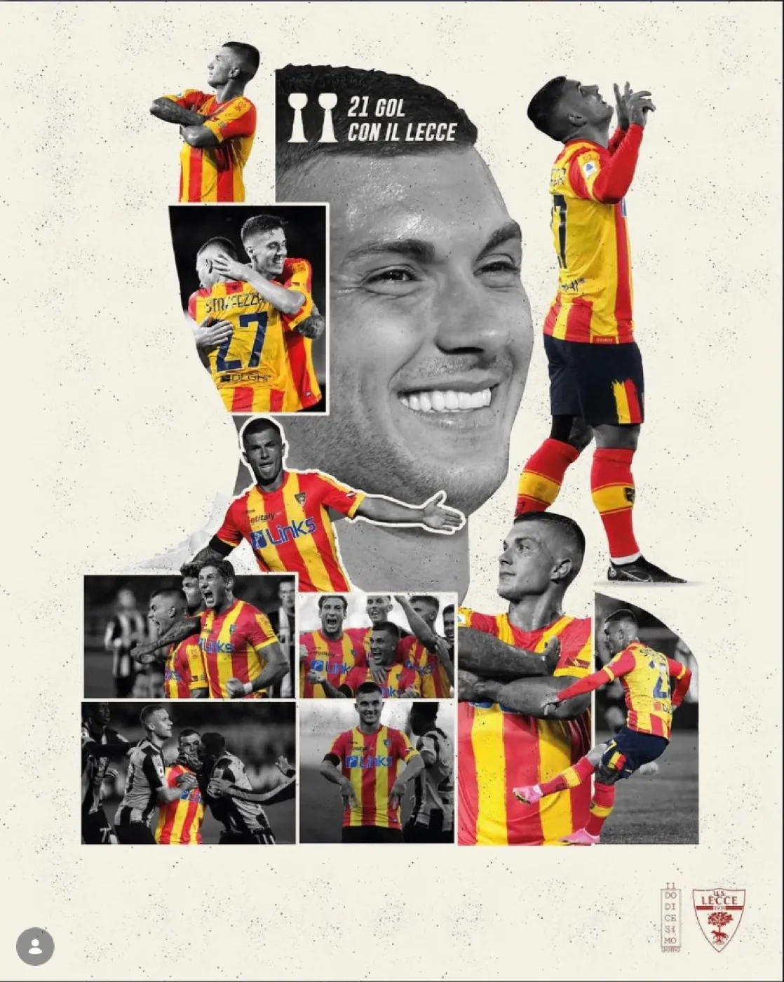 Collage editoriale di Gabriel Strefezza: ritratto in bianco e nero al centro e immagini d'azione a colori con la maglia del Lecce, claim «21 gol con il Lecce»